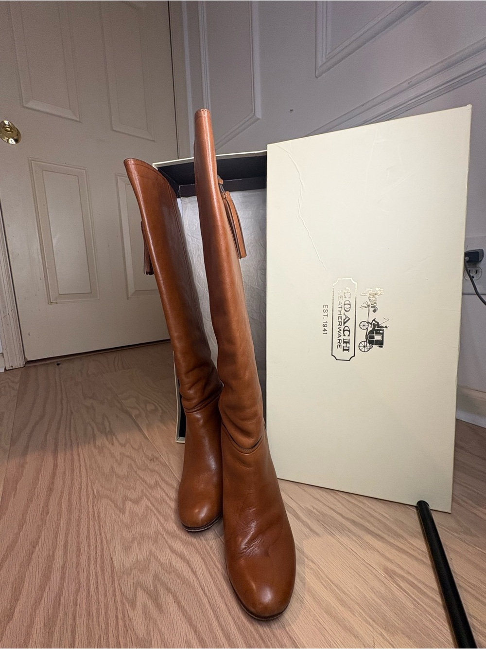Coach Cognac Leather Knee-High Tassel Zip Boots - Picture 3 of 10